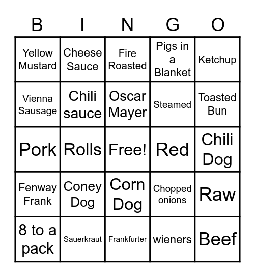 Hot Dog Bingo Card