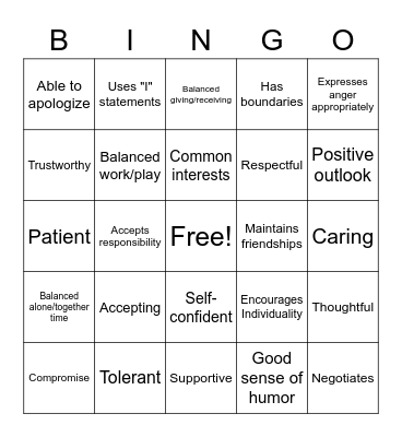Healthy Relationship Bingo Card