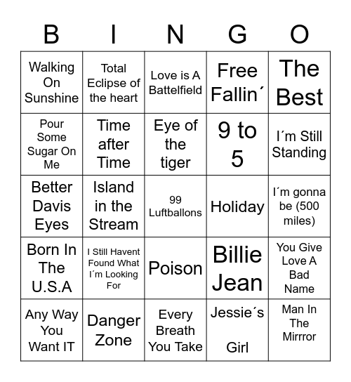 Musikkbingo 80-tallet Bingo Card