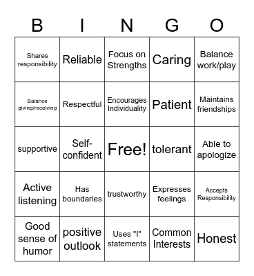 Healthy Relationship Bingo Card