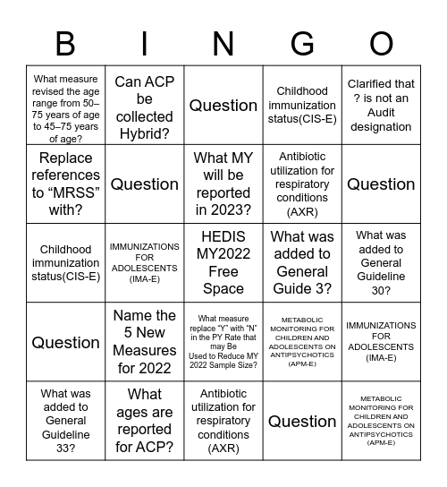 HEDIS BINGO Card