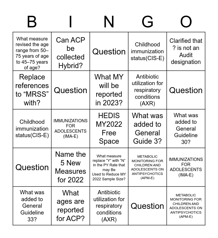 HEDIS BINGO Card