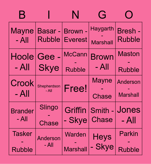 Manyanya - Rubble Bingo Card