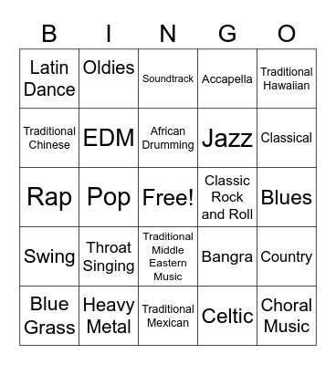 music genre Bingo Card