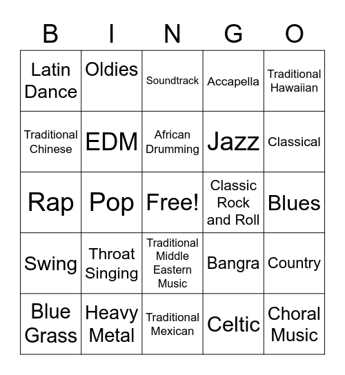 music genre Bingo Card