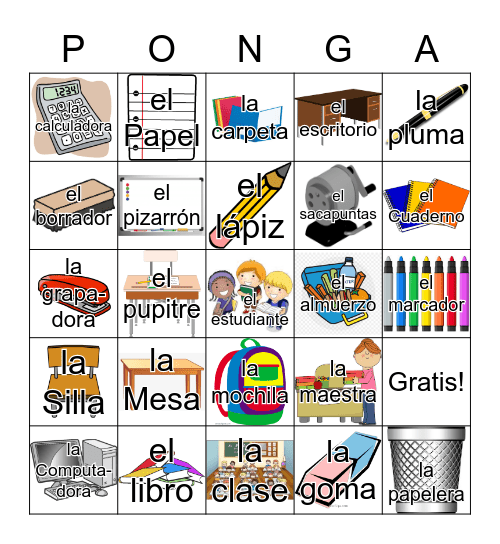 En la clase y la mochila Bingo Card