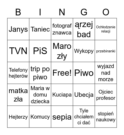 Srelka Bingo Card
