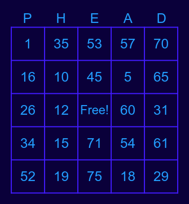 P head Bingo Card