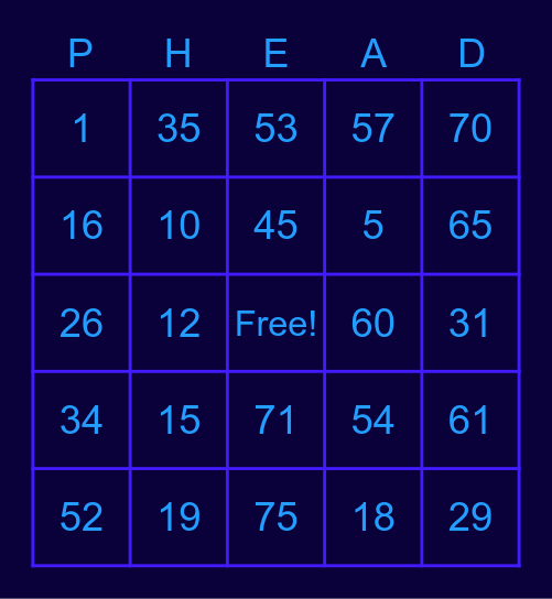 P head Bingo Card