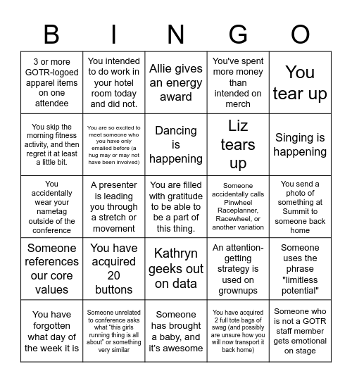 Girls on the Run Summit Bingo Card