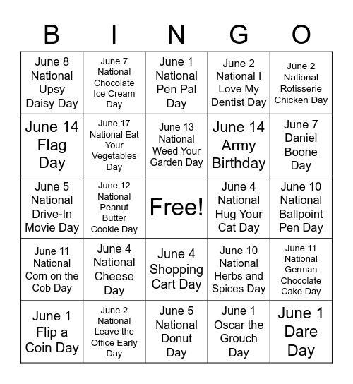 June Days to Celebrate Bingo Card
