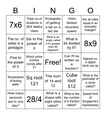 3EX Math Bingo Card