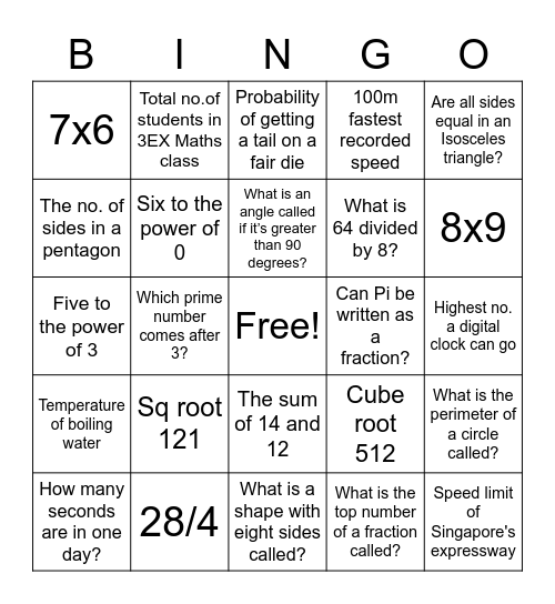 3EX Math Bingo Card