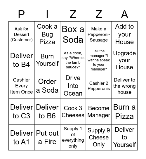 Work at a Pizza Place Bingo Card