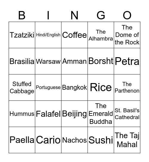 Countries and their features and foods Bingo Card