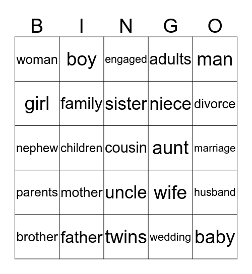 Sign Language Bingo (Family Words) Bingo Card