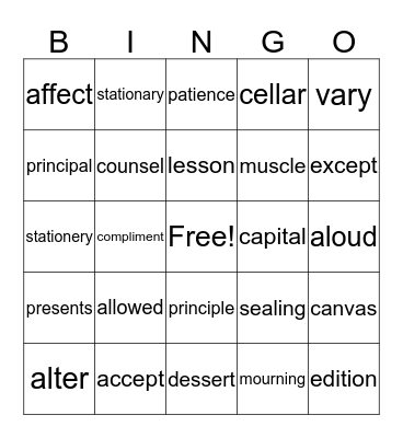 HOMOPHONES Bingo Card