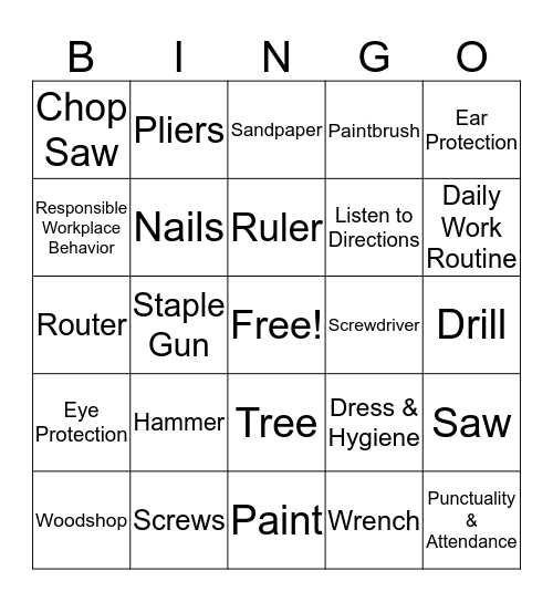 Woodshop Bingo Card