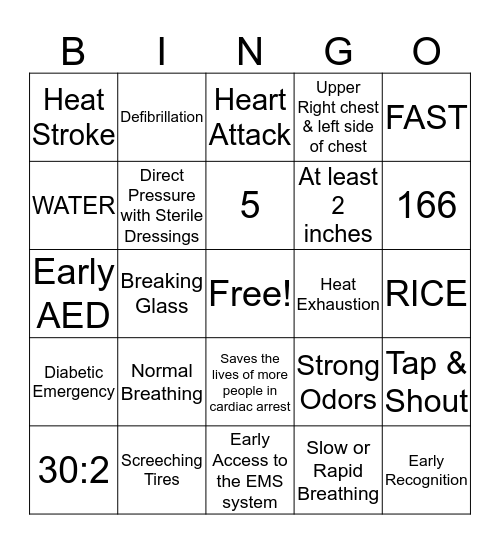 First Aid/CPR/AED Bingo Card