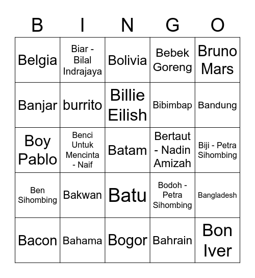 Gibran's Bingo Card