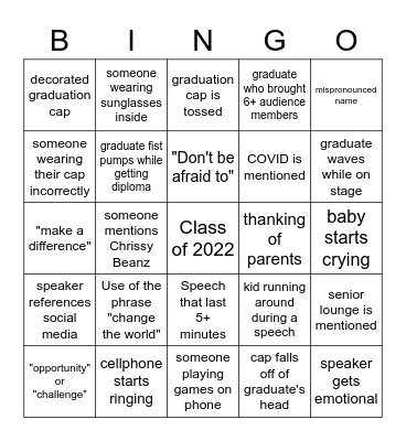 Class of 2022 (text BINGO to 7853755242) winner: $25 movie gift card Bingo Card