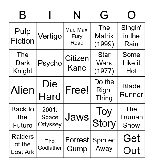 Classic Movie Bingo Card