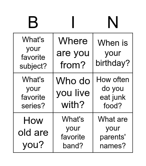 PERSONAL QUESTIONS Bingo Card