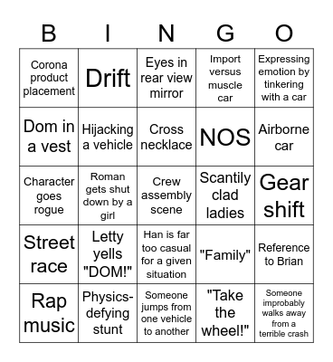 Fast and Furious Films Bingo Card