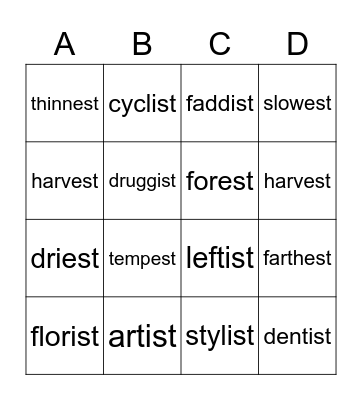 THC4 U9 Phonics Bingo Card