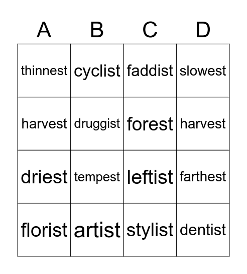 THC4 U9 Phonics Bingo Card