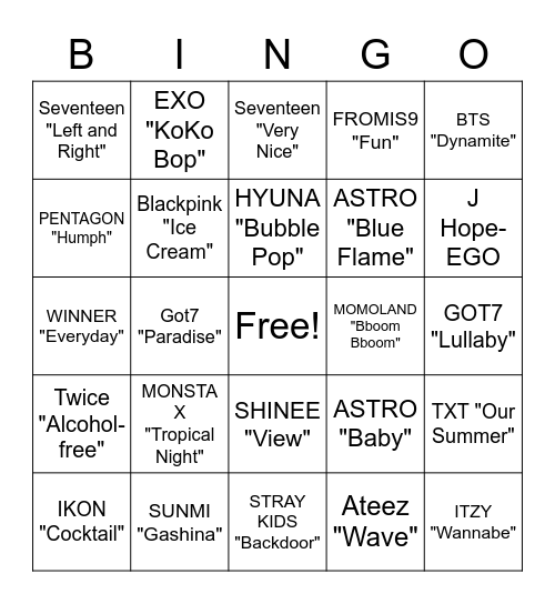 Kpop Summer songs Bingo Card