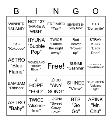 K pop Summer Songs Bingo Card