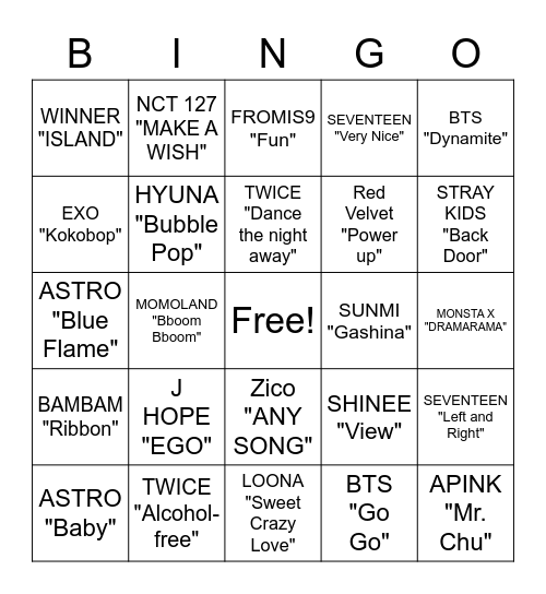 K pop Summer Songs Bingo Card