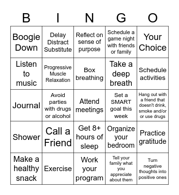 Coping Skills in Recovery Bingo Card