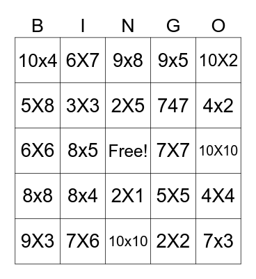 multiplication bingo Card