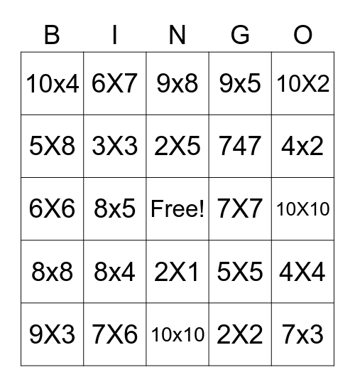 multiplication bingo Card
