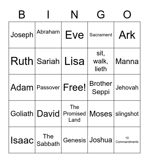 Old Testament Bingo, first half Bingo Card