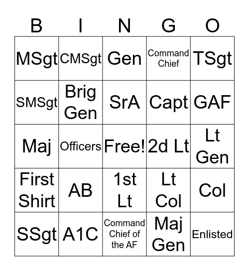 AF Rank Bingo Card