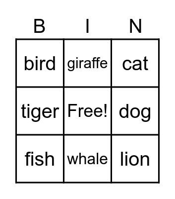 Animal Bingo Card
