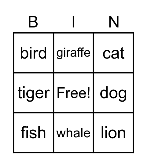 Animal Bingo Card