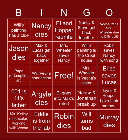 Stranger Things Bingo Card