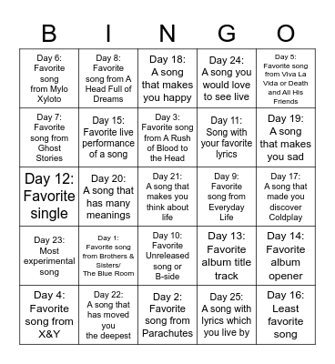 30 Day Song Challenge Bingo Card