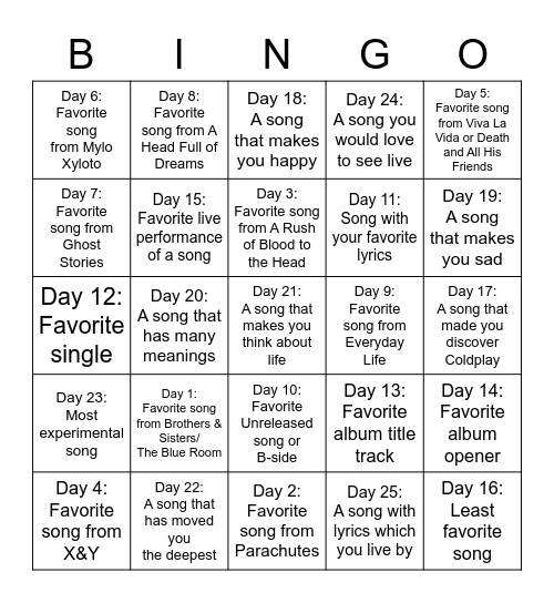 30 Day Song Challenge Bingo Card