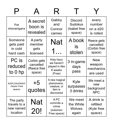 A party formed! A quest taken! An adventure begins! Bingo Card