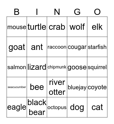 Animal Bingo Card