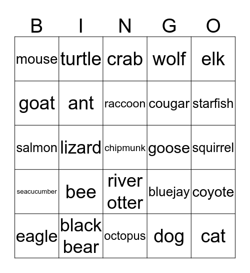Animal Bingo Card