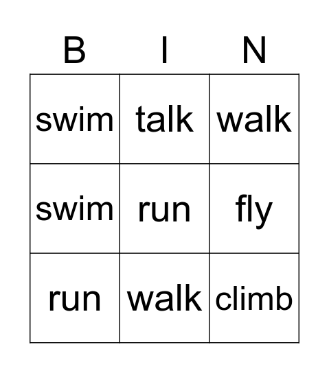 Actions Bingo Card