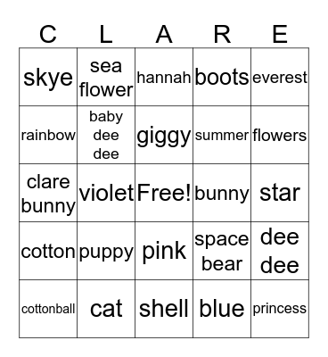 Clare's Animals & Toys Bingo Card