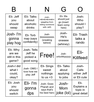 Eli and Josh Bingo Card