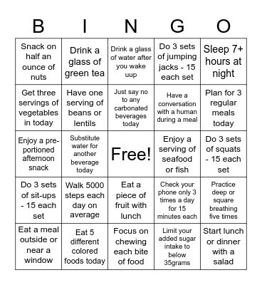 Healthy Habits Bingo Card